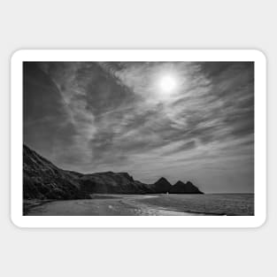The iconic Three Cliffs Bay on Gower, Wales in black and white Sticker